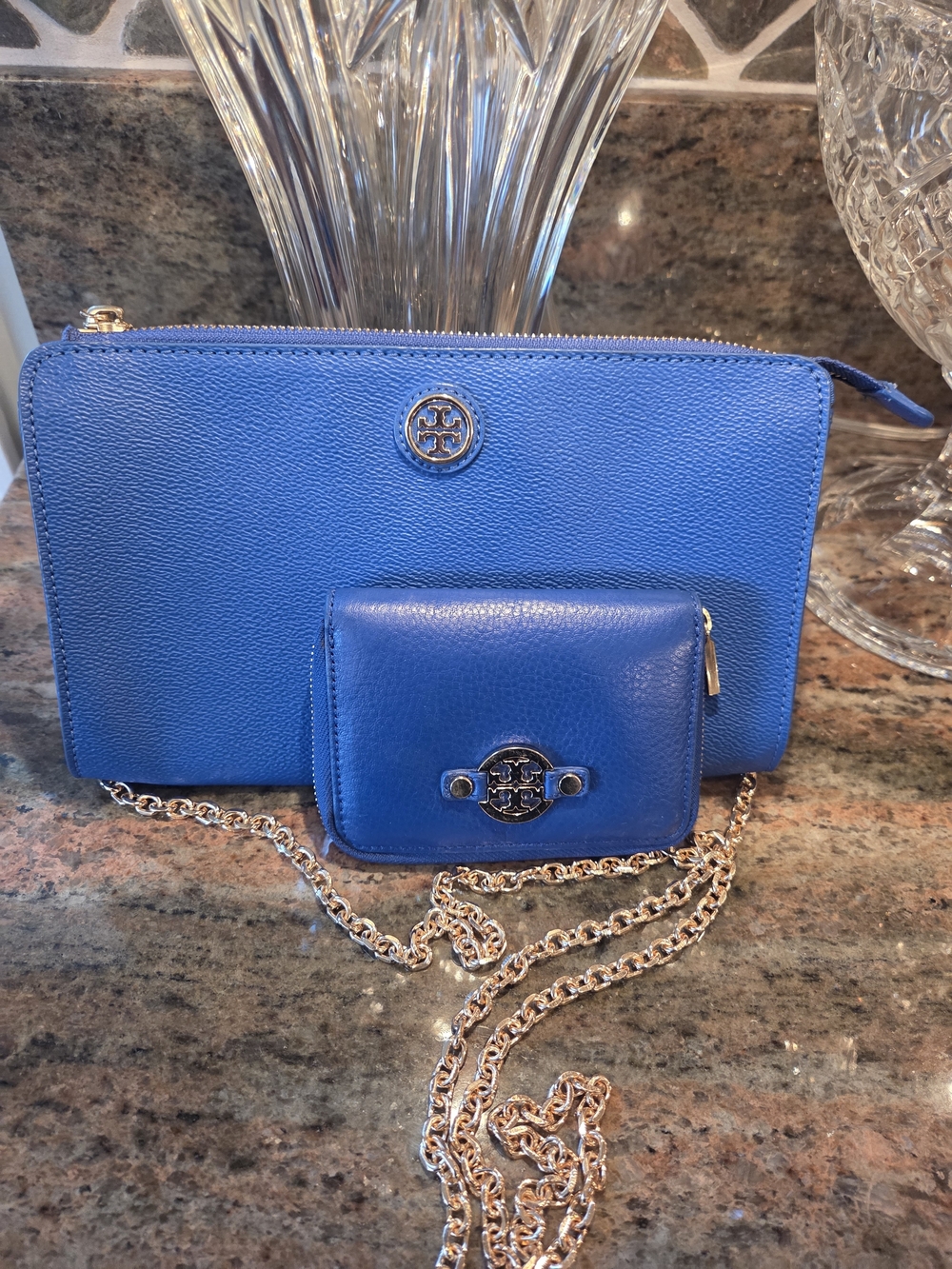 Tory Burch Kira Blue Leather Crossbody Bag And Matching Wallett